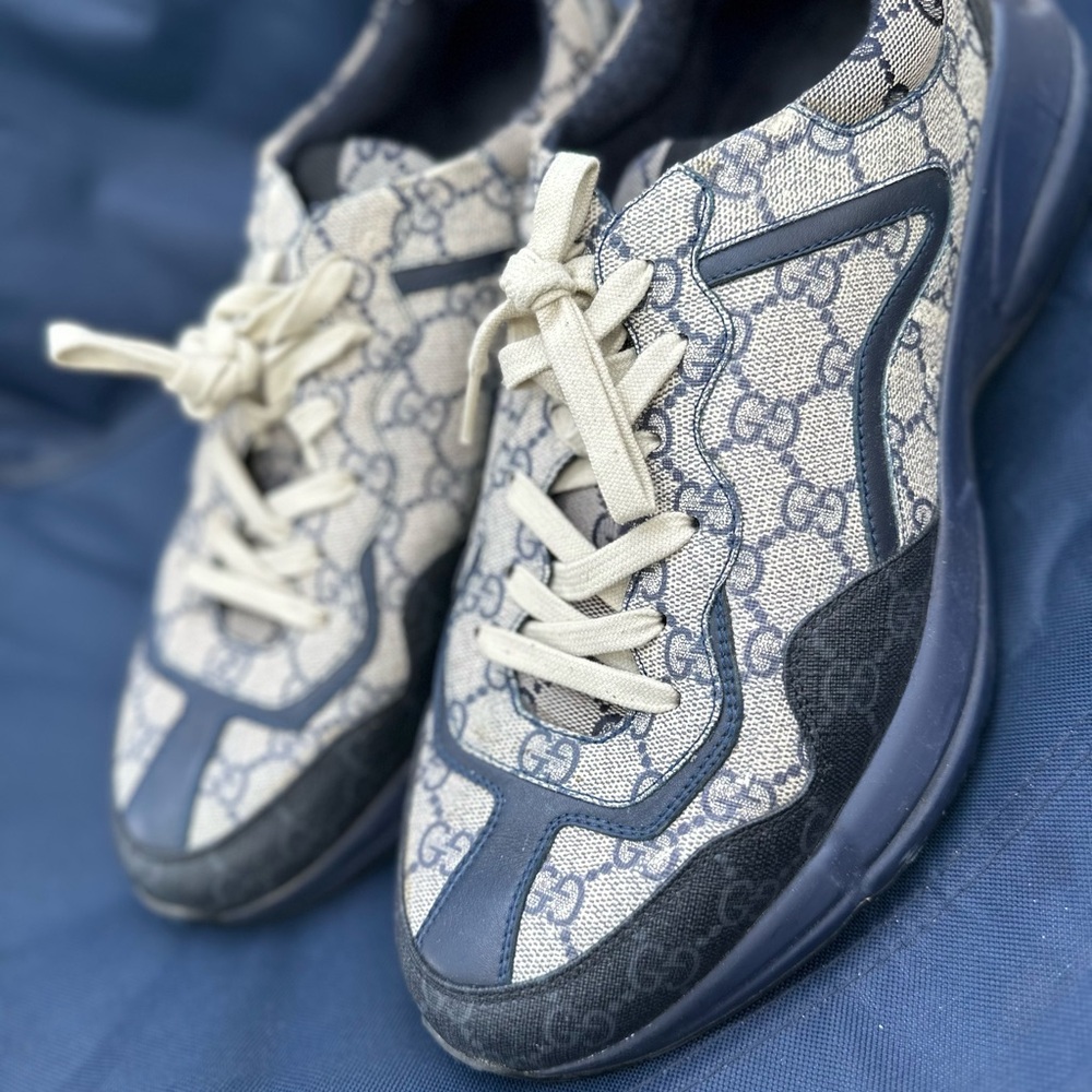 Gucci Beige and Navy Monogram Sneakers